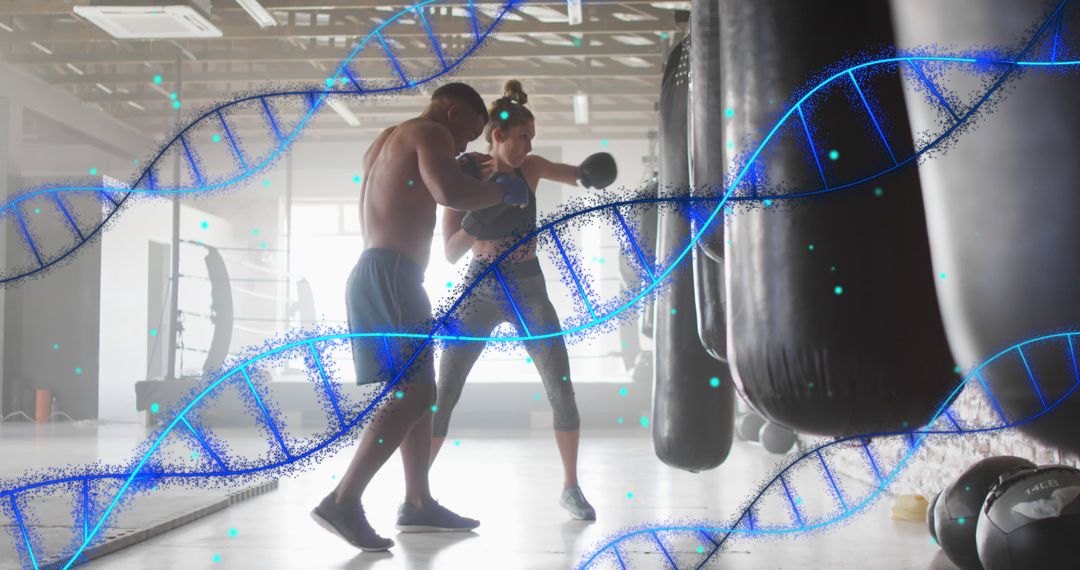 Personal Trainer and Client Boxing with DNA Strand Overlay - Free Images, Stock Photos and Pictures on Pikwizard.com