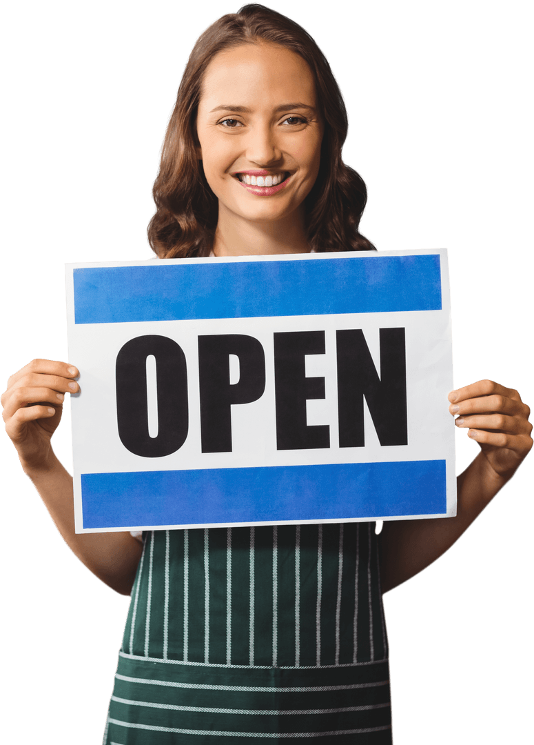 Smiling Female Shop Owner Holding Open Sign Transparent Background