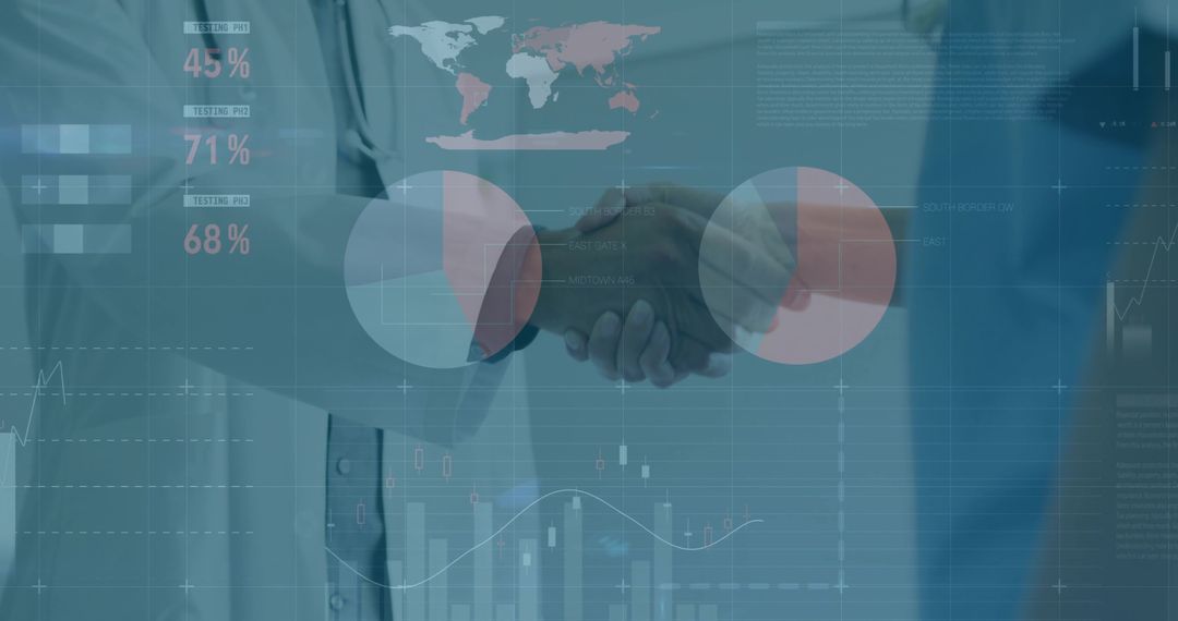 Medical Professional and Executive Shaking Hands Overlaid with Data Analytics