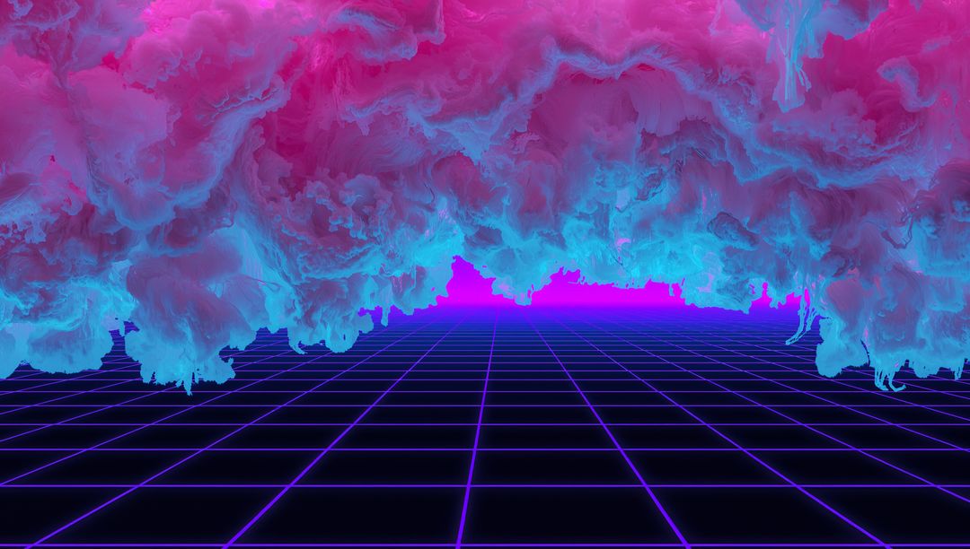 Neon Vaporwave Grid with Cyan-Pink Volumetric Clouds and Retro Futuristic Horizon