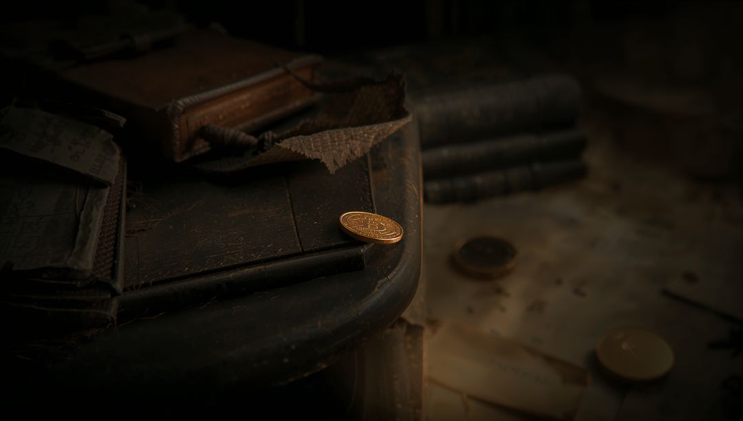 Balancing gold coin on worn wooden desk edge with dusty books and moody low light