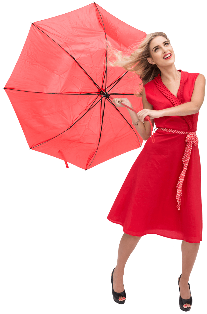 Elegant Blonde Woman Holding Red Transparent Umbrella