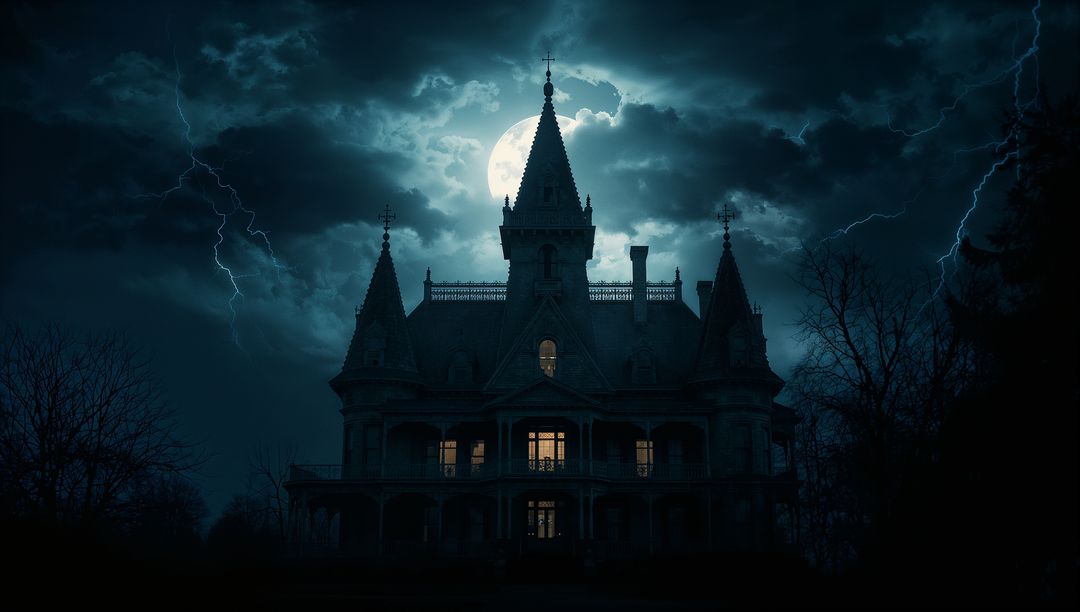 Eerie Gothic Mansion Under Full Moon and Lightning
