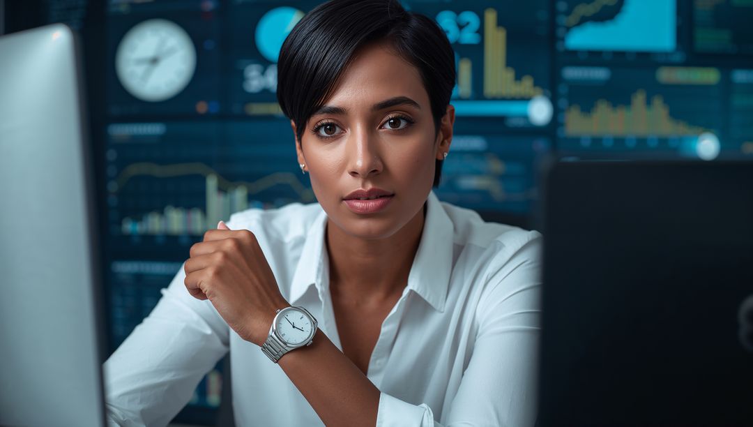 Confident Analyst Evaluating Data at Tech-Driven Workspace