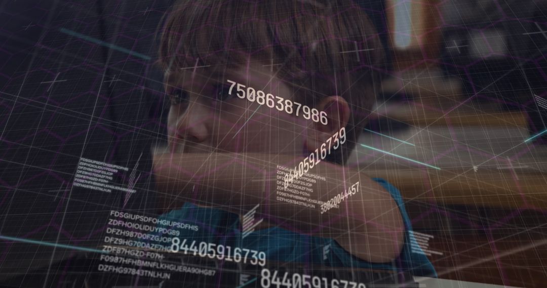 Boy Analyzing Digital Codes in Holographic Environment