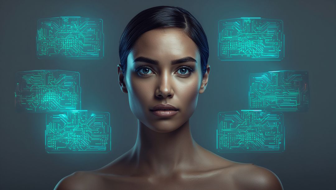 Futuristic AI Portrait showing Woman with Holographic Cyan Circuit and Cyber Interface