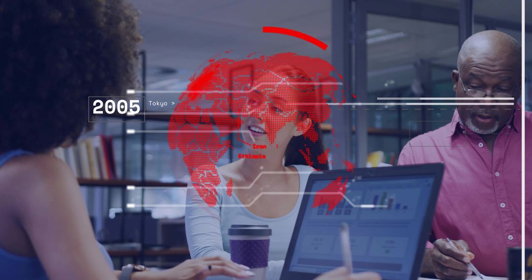 Korean woman presenting analytics over laptop with colleagues, HUD world map overlay