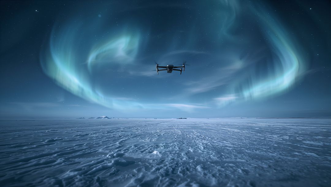 Hovering Quadcopter Capturing Northern Lights over Vast Frozen Arctic Plain at Night