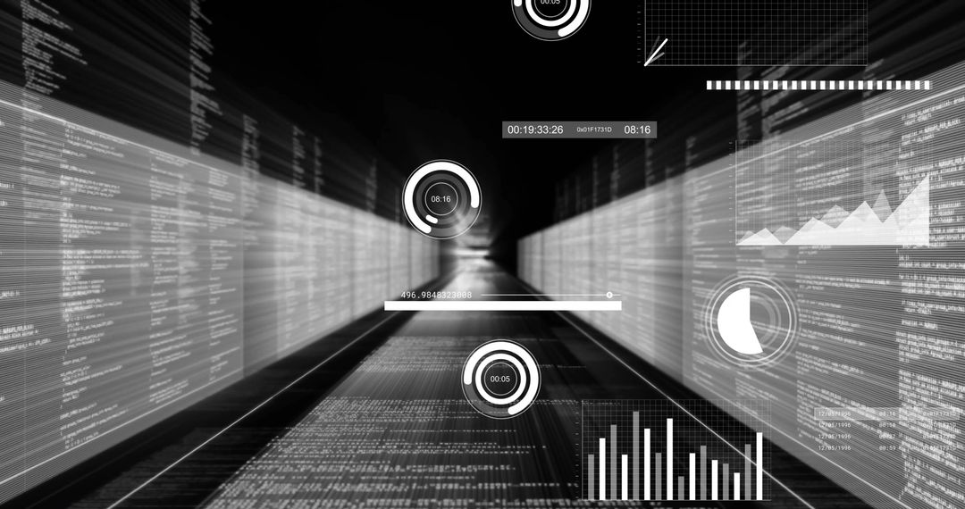 Futuristic Data Tunnel with HUD Analytics Visualization