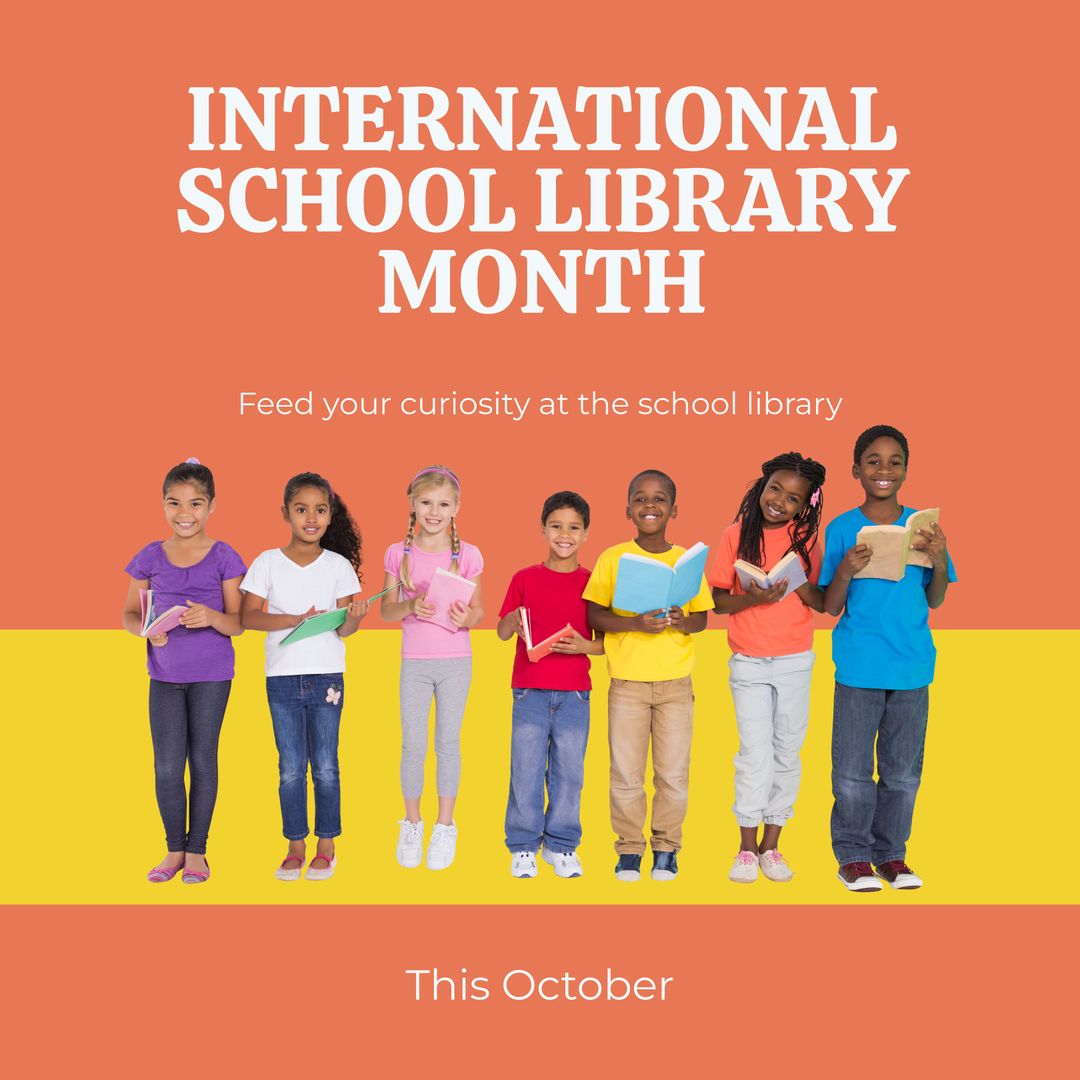 Diverse Children Reading for School Library Month Celebration