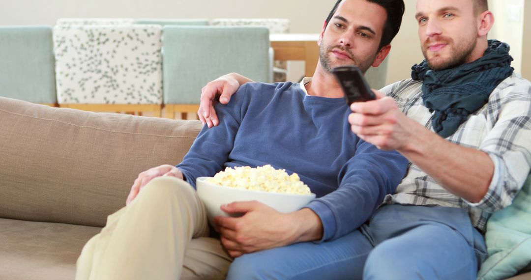 Two men relaxing on couch watching TV and eating popcorn - Free Images, Stock Photos and Pictures on Pikwizard.com