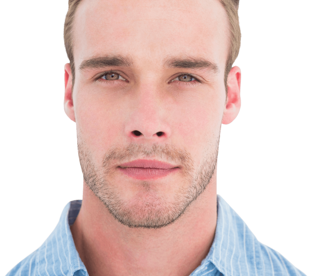 Transparent background unsmiling man looking directly at camera