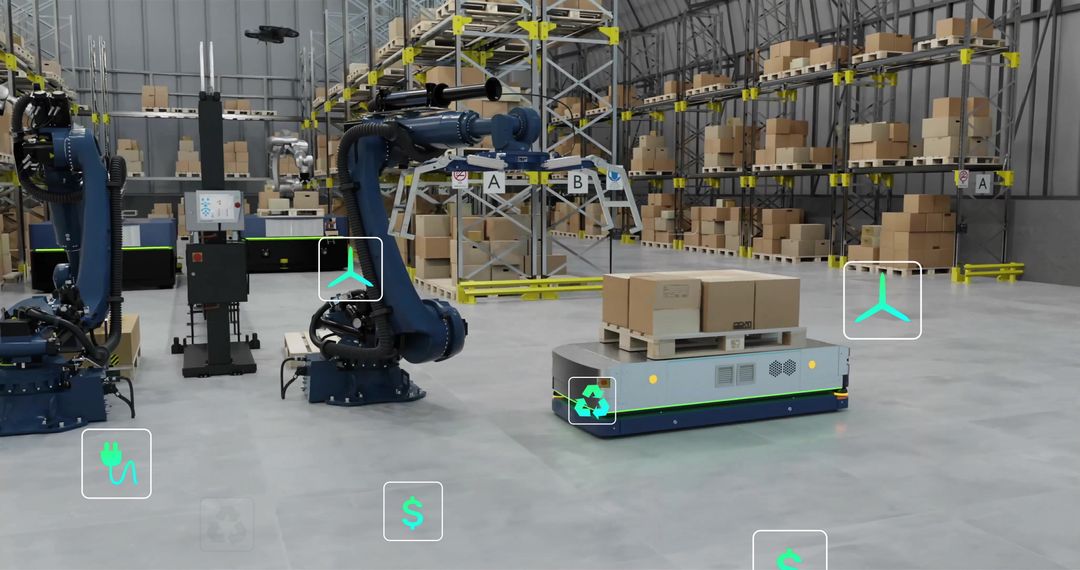 Automated Warehouse with Robotic Equipment and Ecology Icons