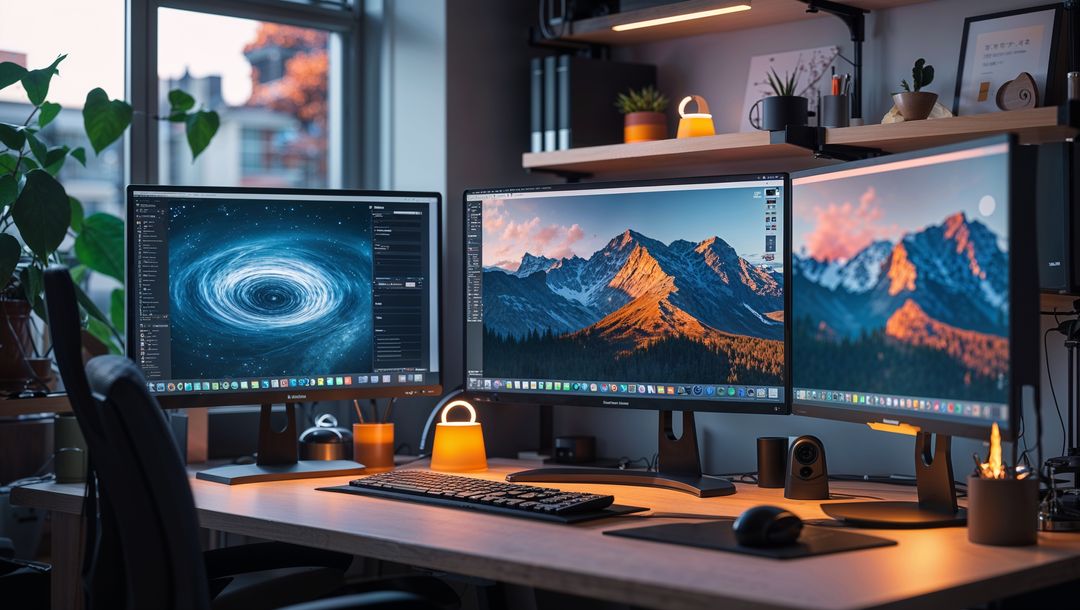 Modern home office with triple monitor setup for website designs