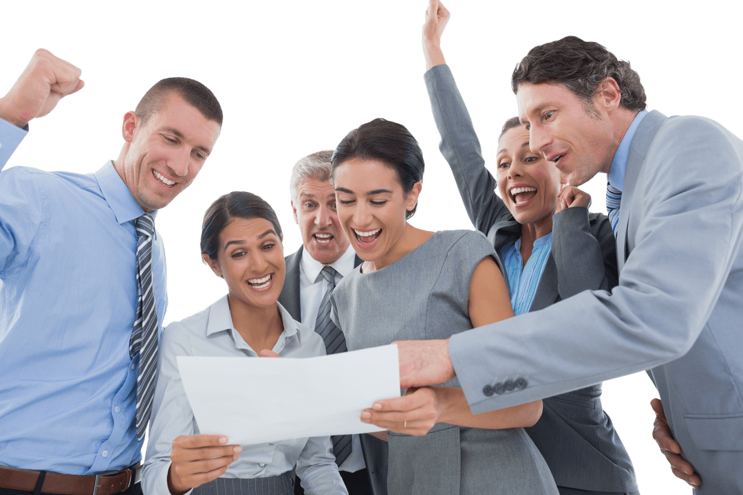 Transparent Business Team Celebrating Success with Document