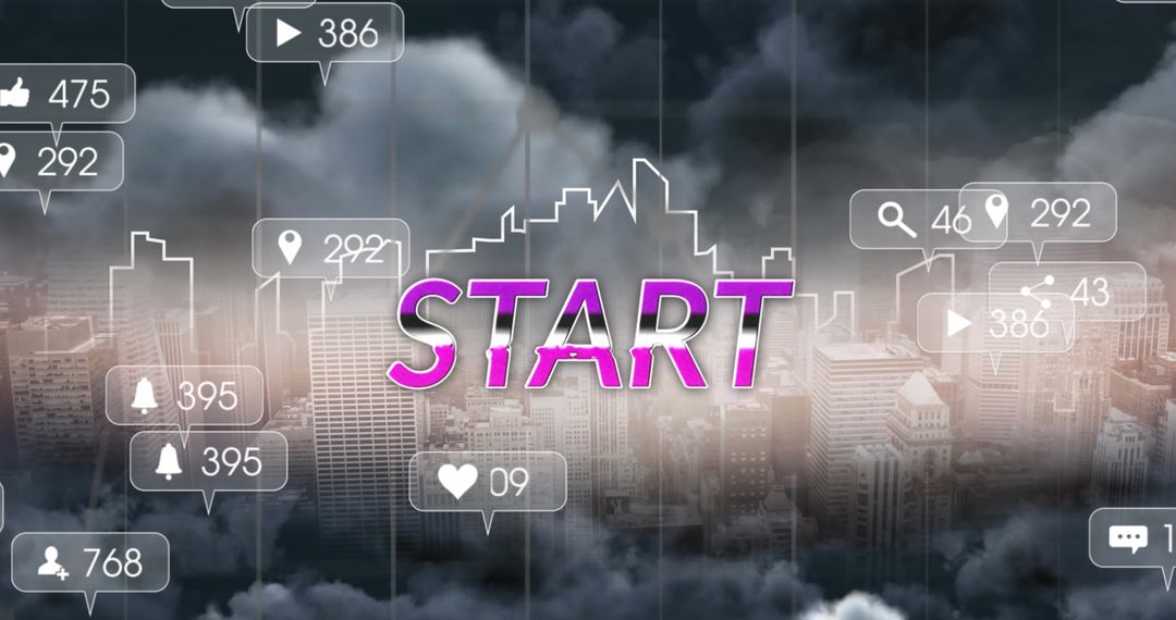 Digital Cityscape with Social Media Icons and Start Button