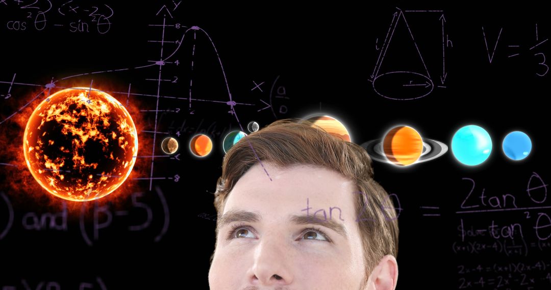 Man Consider Cosmos While Standing Before Solar System and Mathematical Equations