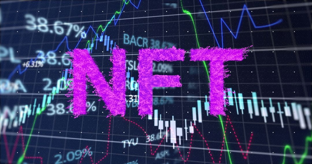 NFT Text Overlay Financial Stock Data on Dark Background