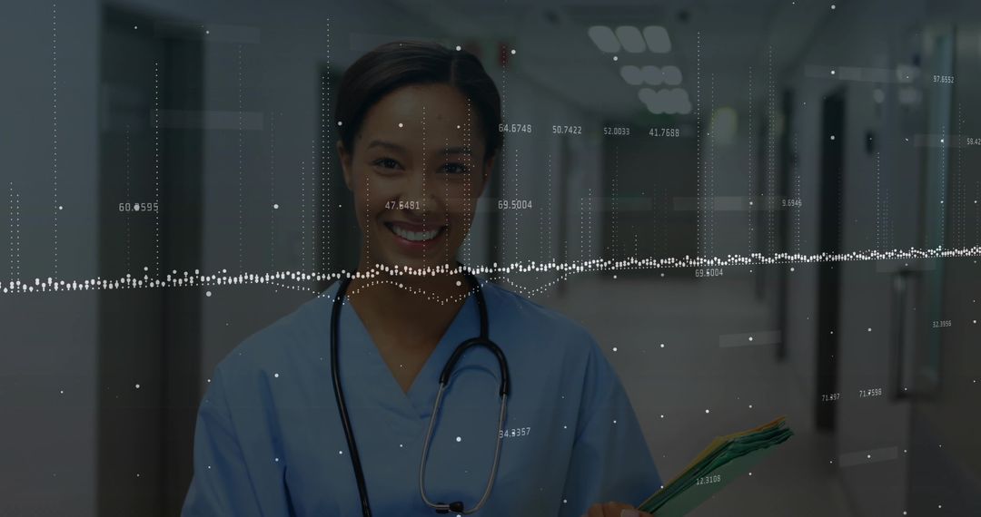 Smiling Nurse Holding Charts with Data Graph Overlay