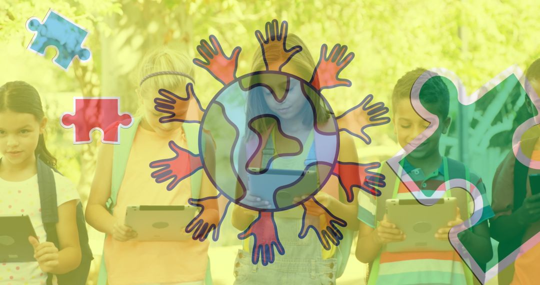 Children Embraced by Diversity Concept with Puzzle and Globe Graphics