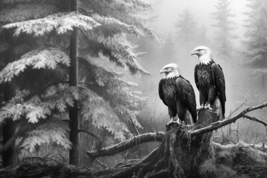 Two majestic bald eagles perch on a branch in a misty forest - Free Images, Stock Photos and Pictures on Pikwizard.com