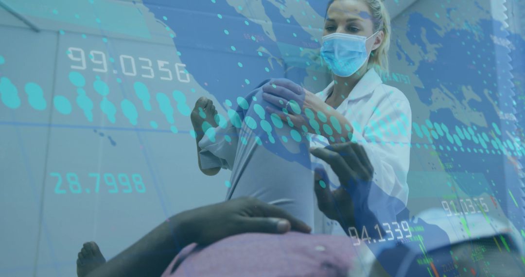 Masked Doctor Examining Patient Leg with Data Technology Overlay
