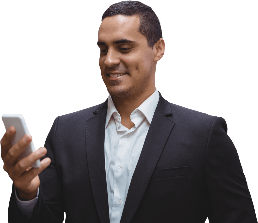 Confident Businessman Looking at Mobile Phone Transparent Background