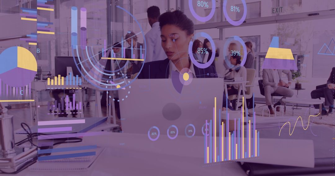 Businesswoman Analyzing Interactive Financial Data Graphs in Office