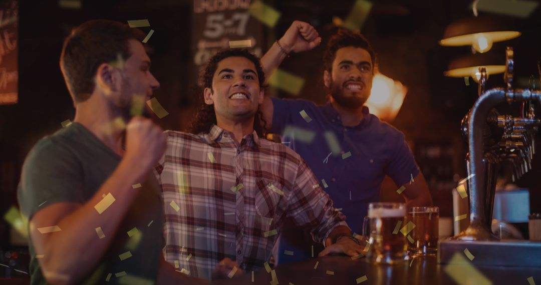 Celebrating Friends Enjoying Beer in Pub with Falling Confetti