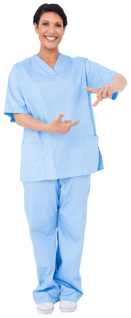 Smiling Biracial Female Doctor Gesturing on Transparent Background