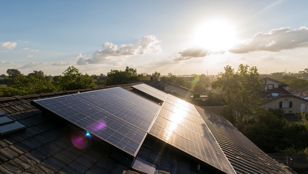 Sunlit Solar Panel Array on Sloped Suburban Rooftop Reflecting Morning Sunlight