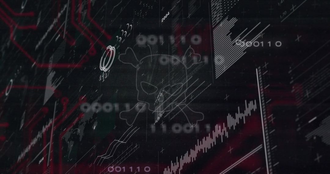 Ghostly Skull and Crossbones Hovering Over Cyber Dashboard with Binary and Rising Chart
