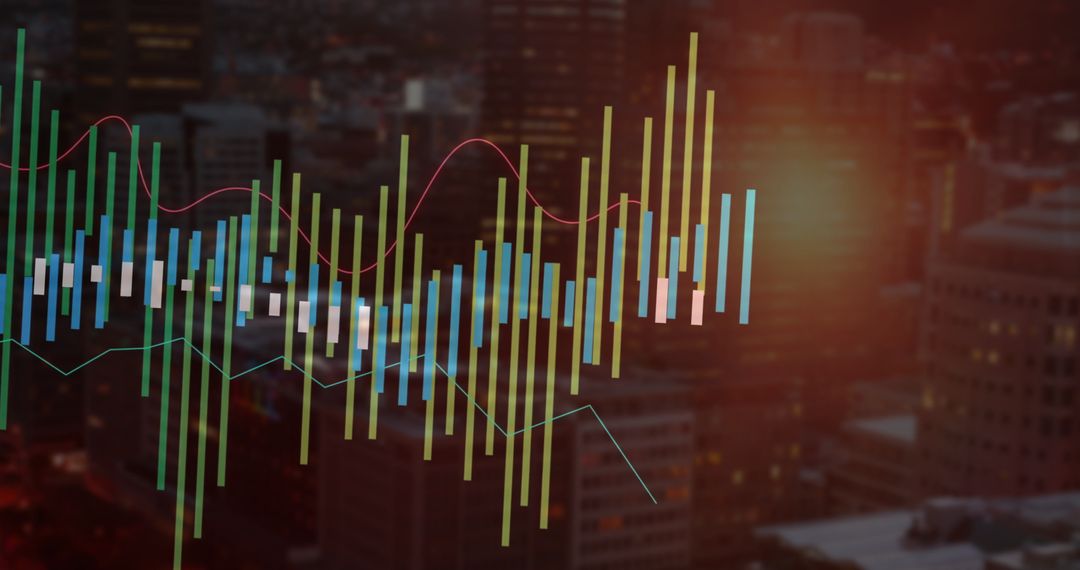 Financial Analytics Candlestick Chart Overlaid on Cityscape