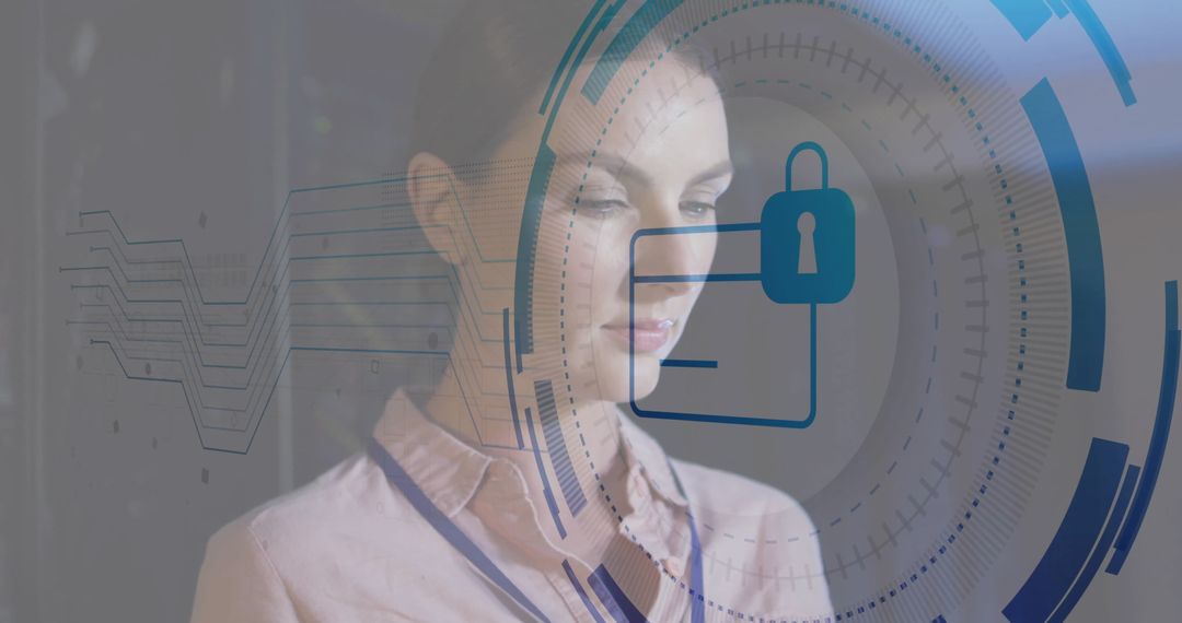 Businesswoman Analyzing Cybersecurity Data with Digital HUD Interface