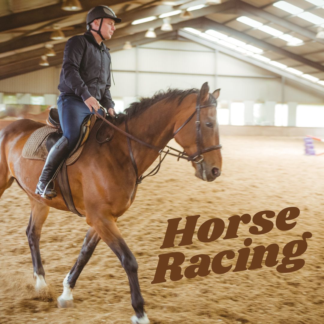 Caucasian Man Riding Horse in Indoor Arena with Racing Text Overlay - Download Free Stock Templates Pikwizard.com