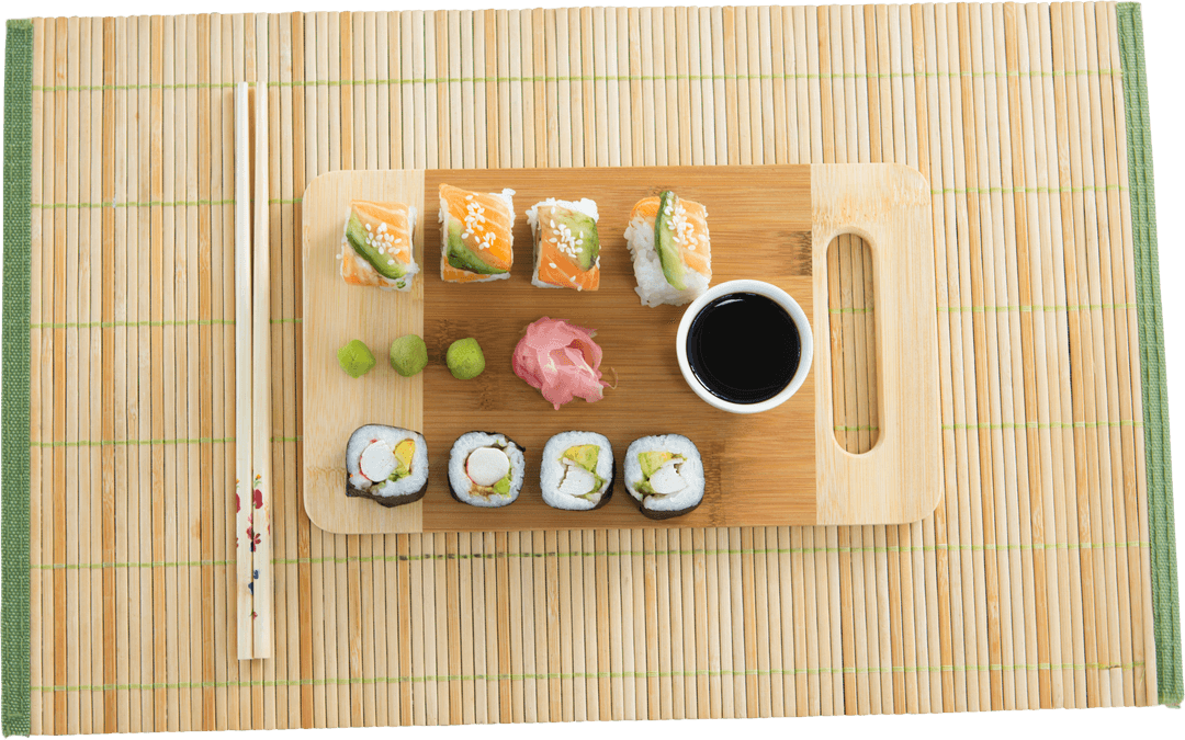 Transparent Bamboo Placemat with Sushi Array on Wooden Board