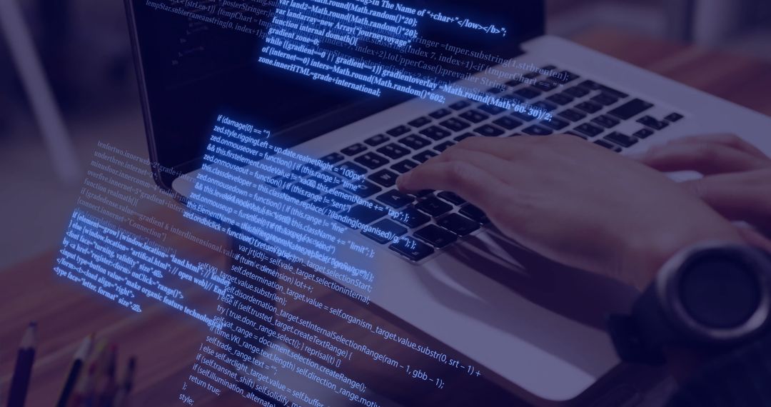Woman's Hands Typing Code on Laptop, Data Interface Overlay