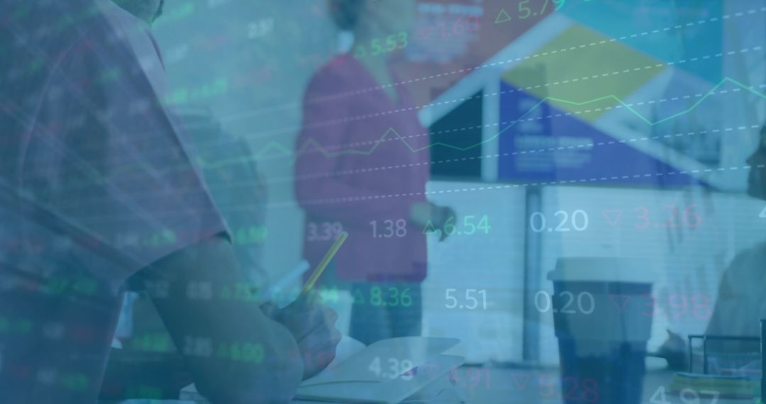 Financial Data Overlay with Diverse Colleagues in Office Meeting