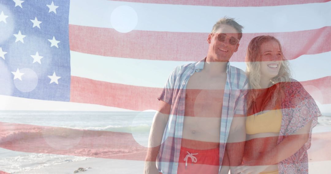 Happy Couple on Beach Overlaid with American Flag