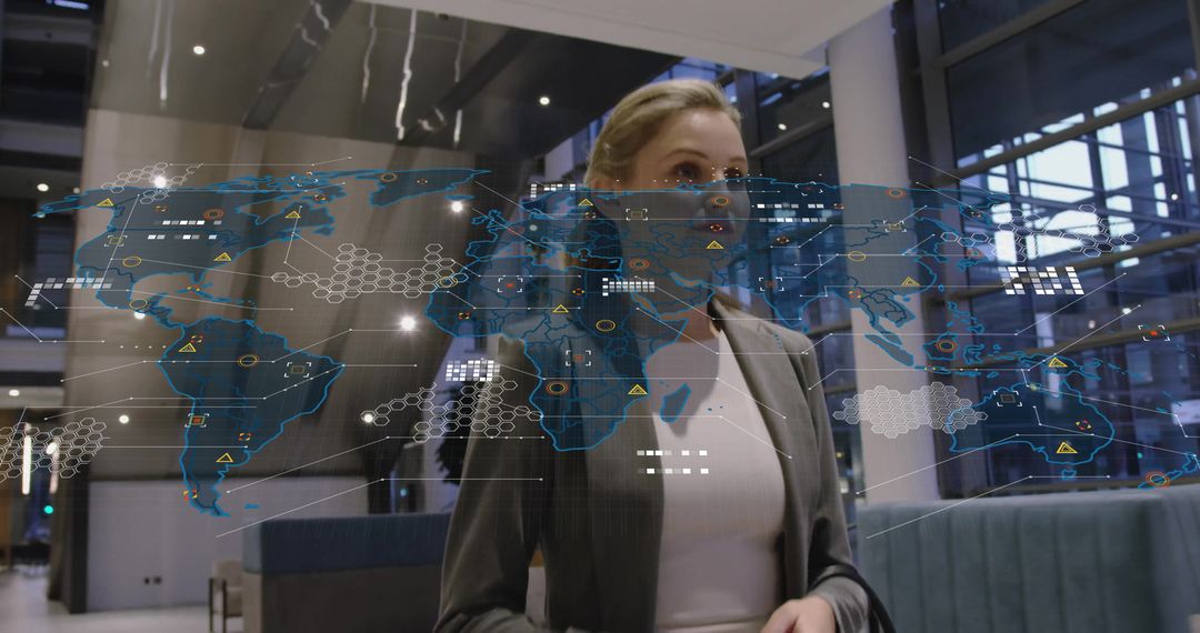 Executive Analyzing Holographic World Map in Corporate Lobby