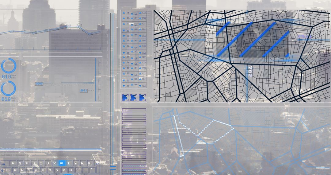 Futuristic City Map Overlay with Data Graphics