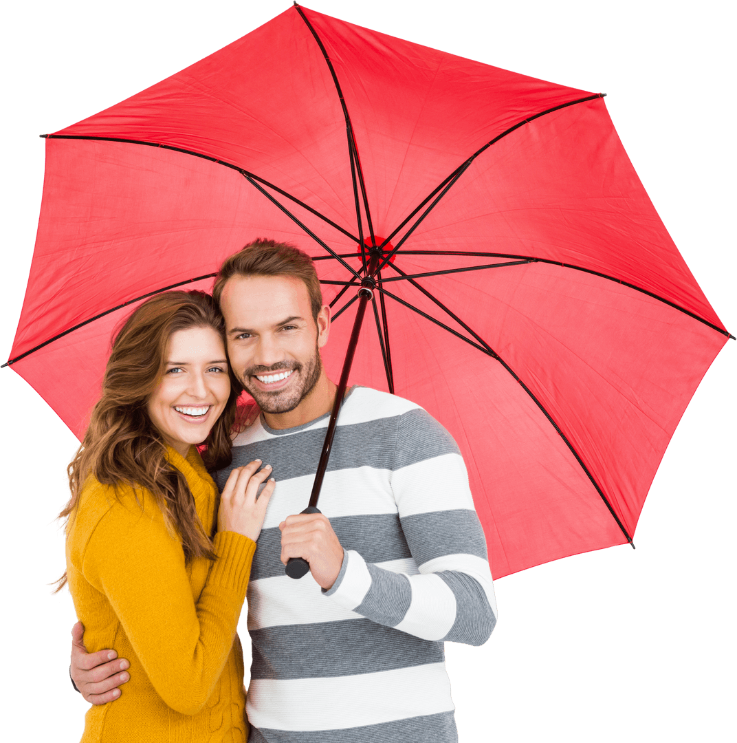 Happy Couple Embracing Under Red Transparent Umbrella