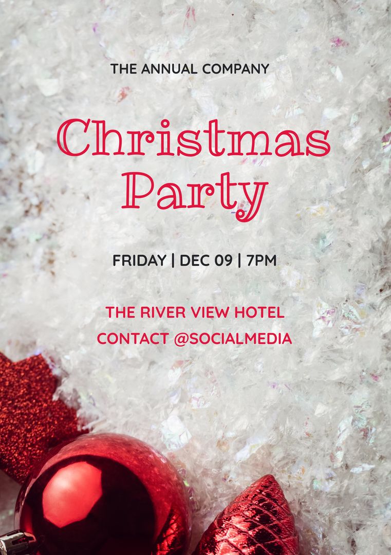 Festive Christmas Party Invitation with Snow and Ornaments