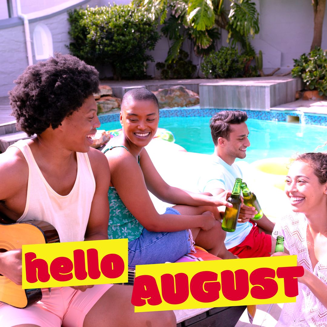 Friends Enjoying Pool Party in August With Drinks