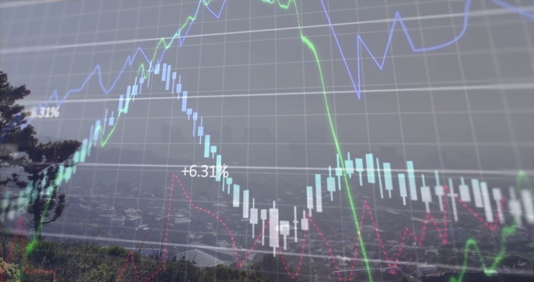Digital Financial Graphs Overlaying Cityscape