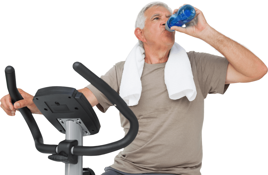 Senior Man Drinking Water on Exercise Bike Transparent Background
