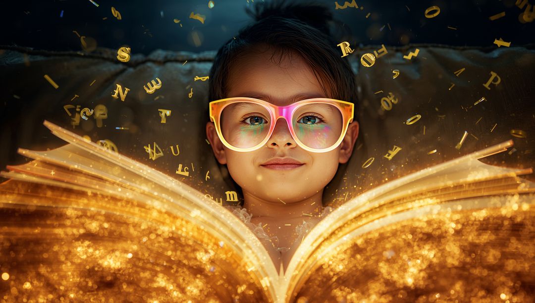 Child Reading with Magical Floating Letters