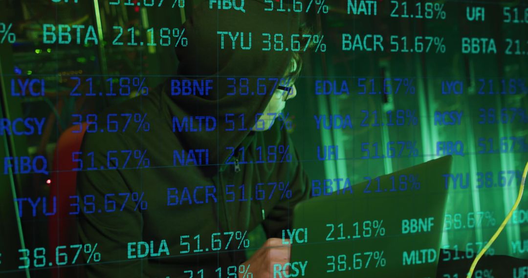 Hacker Analyzing Data on Laptop in Dimly Lit Server Room