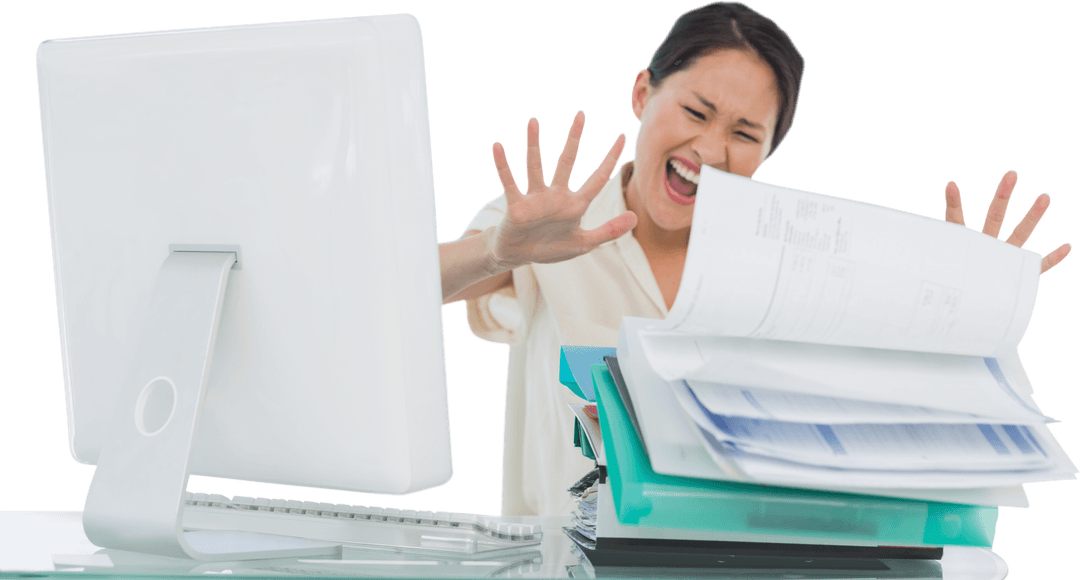 Transparent Businesswoman Angry with Document Mess at Office Desk