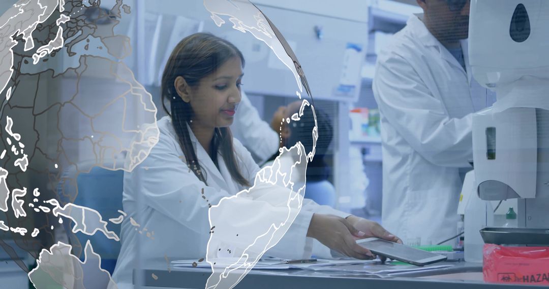 Scientist Engaging with Technology in Modern Laboratory with Globe Overlay